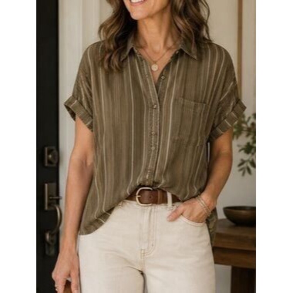 American Eagle Women's Striped Button-Down Safari Chic Short-Sleeve Shirt M
